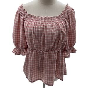Old Navy Pink/Cream Checkered Ruffled Off Shoulder/ Cropped Blouse- M🌸